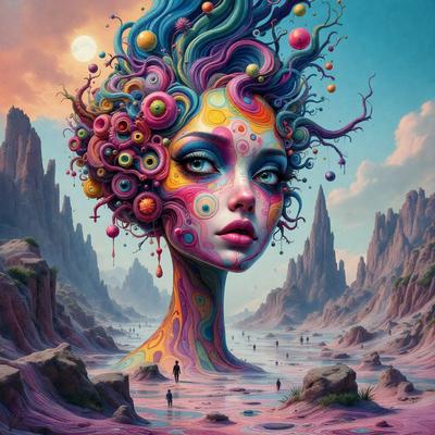 The primary subject of the image is a woman with a vibrant and colorful head, featuring a mix of bright colors and patterns. She is standing in a desert-like environment, with a rocky landscape in the background. The visual style of the image is a combination of digital art and illustration, creating a unique and eye-catching portrait. The colors and mood of the image are lively and energetic, with the woman's head being the focal point and the surrounding environment adding depth and interest to the